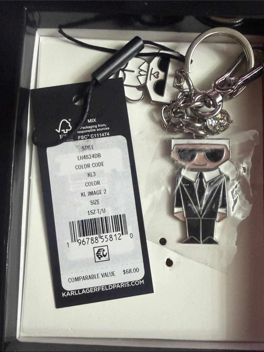 Karl Lagerfeld Black & Silver Character Charm Keychain - Men Accessories